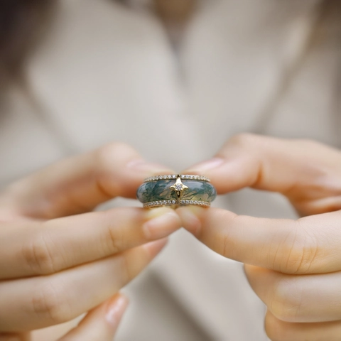 925 Sterling Silver Natural Moss Agate Ring With Zirconia Retro Luxury Gold Plated Geometric Statement Finger Ring For Women