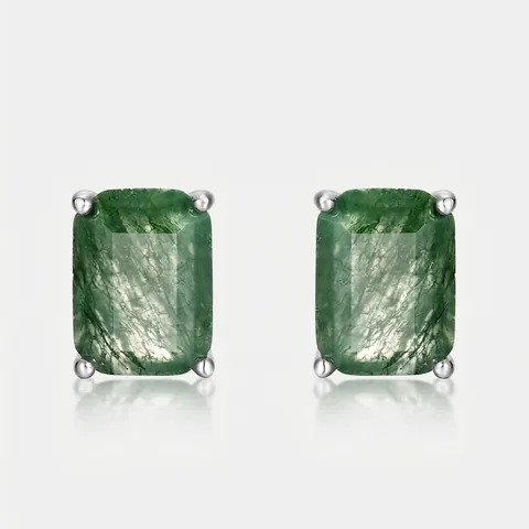 Vintage 925 Argento Sterling Orecchini a Bottone in Agata Muschiata Verde per Donna Eleganti Orecchini Geometrici Rettangolari con Pietra Naturale Intarsiata Gioielli Regalo