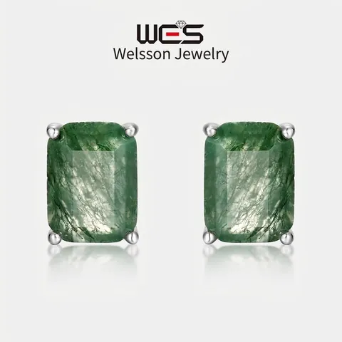 Vintage 925 Sterling Zilveren Groene Mosagaat Oorknopjes Voor Vrouwen Elegante Geometrische Rechthoekige Natuursteen Ingelegde Oorbellen Sieraden Cadeau