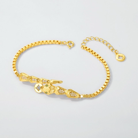 Bracciale Serpente in Argento Sterling S925 per Donna Placcato Oro Zirconia Occhio Verde Ciondolo Moneta Gioielli Regalo Regolabile