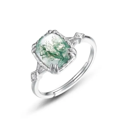Vintage Ring Aus 925er Sterlingsilber Mit Moosachat Für Damen Geometrischer Grüner Edelstein Verstellbarer Strass Schmuck