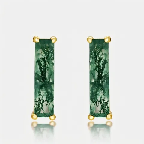 Boucles d'oreilles Clous en Argent Sterling 925 Plaqué Or Rectangle Vert Agate Mousse Femme Élégant Bijoux en Pierre Naturelle