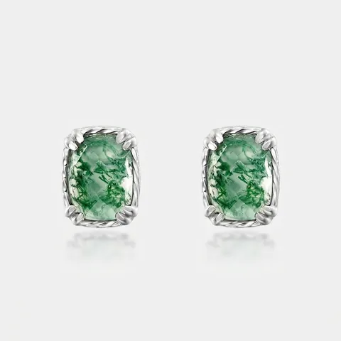 Orecchini a Bottone in Argento Sterling 925 Vintage con Agata Muschiata Geometrici Quadrati Pietra Naturale Donna Gioielli
