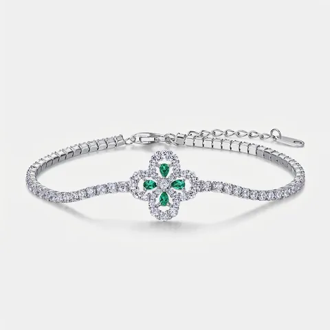 925 Sterling Silver Clover Bracelet With Lab-grown Emerald And Zirconia Luxury Botanical Floral Adjustable Tennis Chain For Women
