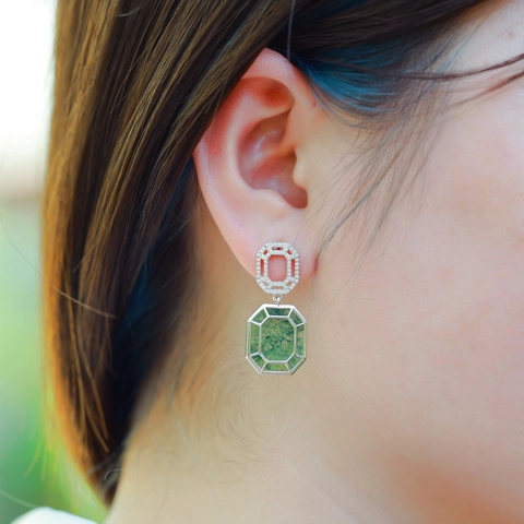 925 Sterling Silver Moss Agate Earrings For Women Elegant Octagon Geometric Rhinestone Inlaid Dangle Drop Earrings Jewelry