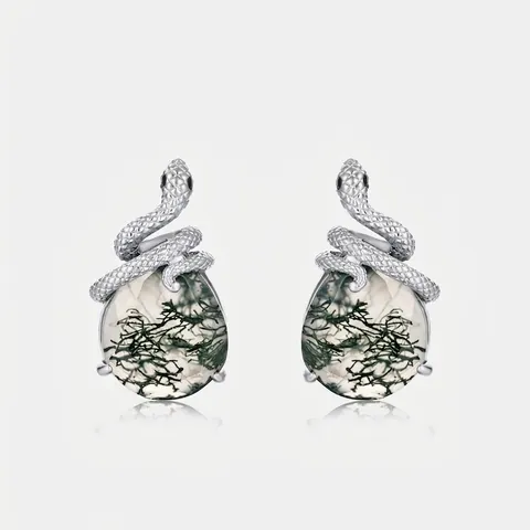 Vintage 925 Sterling Silber Schlangen Ohrringe Für Damen Grüner Moosachat Eingelegte Strass Ohrstecker Mythischer Schmuck Geschenk