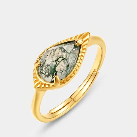 Vintage Natürliche Grüne Moosachat Verstellbare Offene Ring S925 Sterlingsilber Vergoldet Wassertropfen Schmuck Für Damen