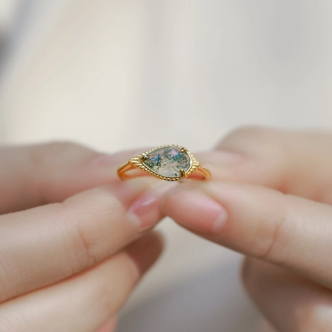 Vintage Natürliche Grüne Moosachat Verstellbare Offene Ring S925 Sterlingsilber Vergoldet Wassertropfen Schmuck Für Damen