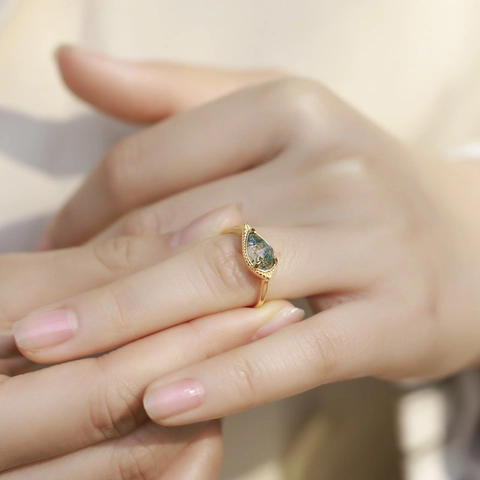 Anello in Argento Sterling 925 con Agata Muschiata Vintage a Goccia d'Acqua Aperto Regolabile per Donna Gioielli in Pietra Verde Naturale Placcato Oro
