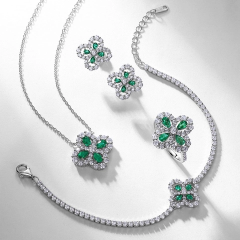 Vintage 925 Sterling Silver Four Leaf Clover Jewelry Lab Grown Emerald Ruby Rhinestone Necklace Earrings Bracelet Ring