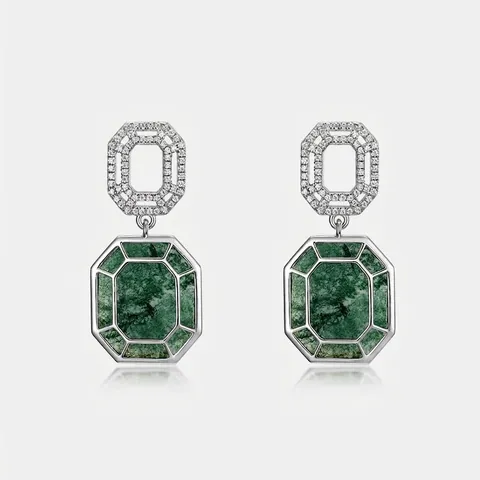 925 Sterling Silver Moss Agate Earrings For Women Elegant Octagon Geometric Rhinestone Inlaid Dangle Drop Earrings Jewelry
