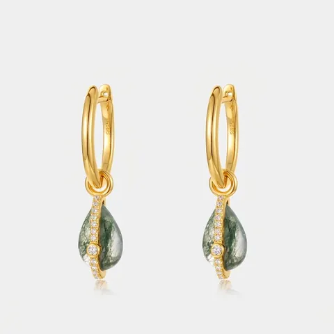 Orecchini a Goccia in Argento Sterling 925 Placcato Oro Agata Muschio Naturale Con Zirconia Gioielli per Donna