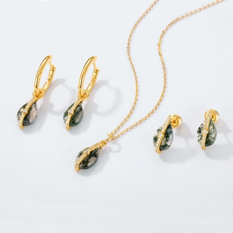 Pendientes de Gota de Agua de Ágata de Musgo Natural Plata de Ley 925 Con Strass Incrustado Joyería Chapada en Oro Collar Colgante Mujer