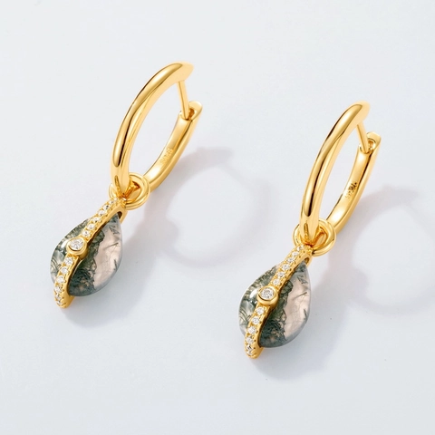 Pendientes de Gota de Agua de Ágata de Musgo Natural Plata de Ley 925 Con Strass Incrustado Joyería Chapada en Oro Collar Colgante Mujer