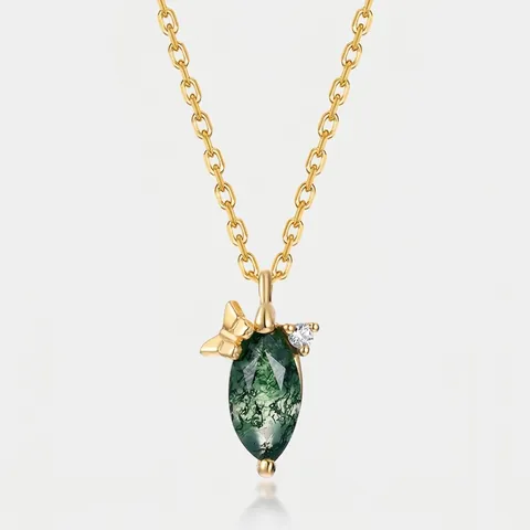 925 Sterling Silver Green Moss Agate Butterfly Pendant Necklace For Women Vintage Luxurious Gold Plated Rhinestone Jewelry