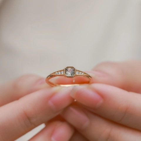 Anillo Abierto Ajustable de Plata de Ley 925 Chapado en Oro Vintage Con Ágata Musgosa Natural y Strass para Mujer