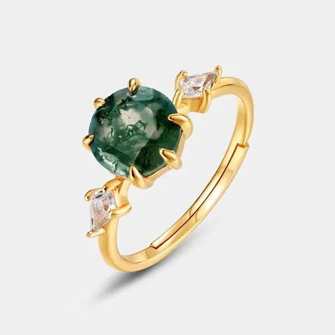925 Sterling Silver Gold Plated Natural Green Moss Agate Adjustable Ring Inlaid Zirconia Retro Jewelry Gift For Women