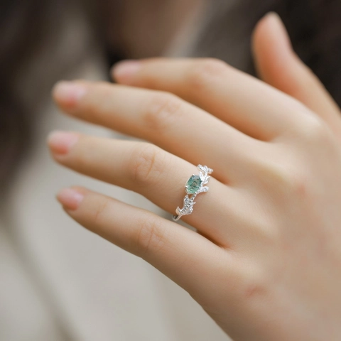 Vintage 925 Sterlingsilber Natürlicher Grüner Moosachat Olivenzweig Offener Ring Für Damen Eleganter Zirkonia Schmuck