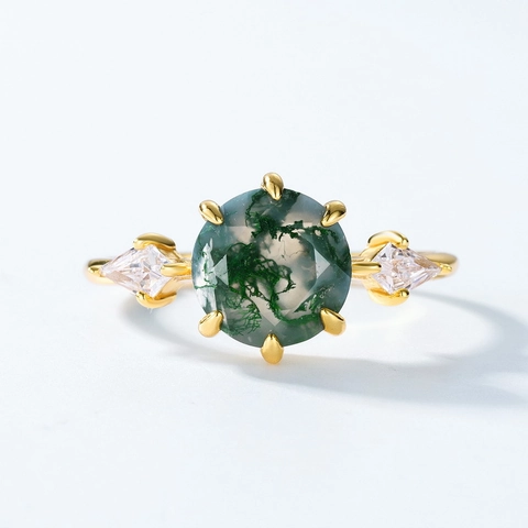 925 Sterling Silver Gold Plated Natural Green Moss Agate Adjustable Ring Inlaid Zirconia Retro Jewelry Gift For Women