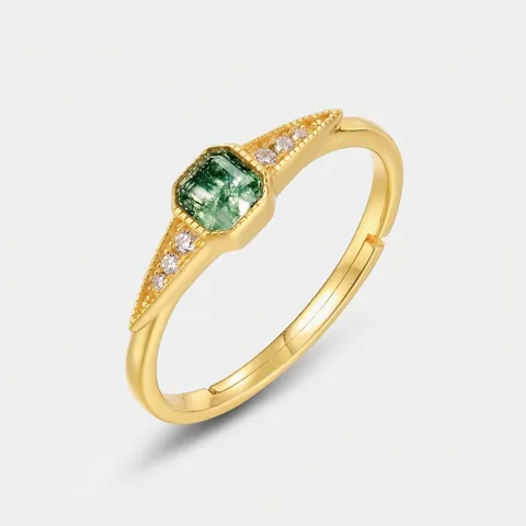 Anillo Abierto Ajustable de Plata de Ley 925 Chapado en Oro Vintage Con Ágata Musgosa Natural y Strass para Mujer