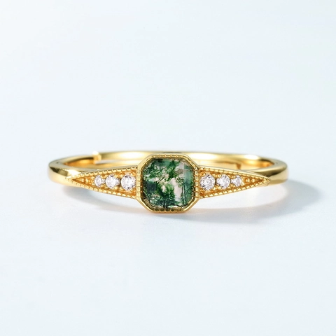 925 Sterlingsilber Moosachat Ring Vintage Palast-Stil Quadratischer Grüner Edelstein Gold Vergoldet Strass Offener Verstellbarer Schmuckring Für Damen