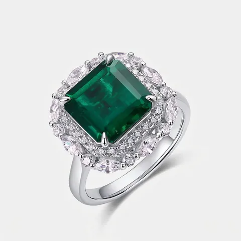 Vintage Lab-Grown Emerald Ring 925 Sterling Silver Halo Zirconia Engagement Ring For Women High Jewelry Ring Accessory