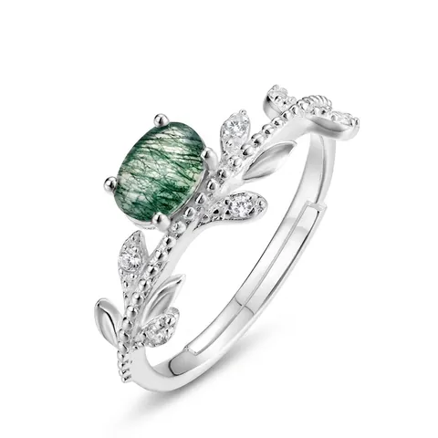 Vintage 925 Sterlingsilber Natürlicher Grüner Moosachat Olivenzweig Offener Ring Für Damen Eleganter Zirkonia Schmuck