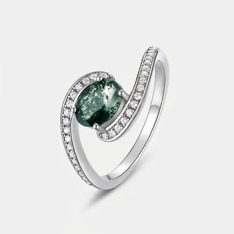 S925 Sterling Silver Moss Agate Ring For Women Vintage Twist Arm Oval Green Stone Inlaid Rhinestone Silver Ring Finger Jewelry