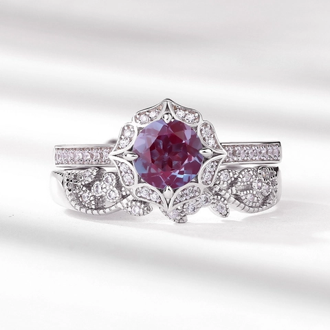 925 Sterling Silver Ring Set Synthetic Alexandrite Flower Bridal Two-Piece Ring For Women Luxurious Rhinestone Jewelry