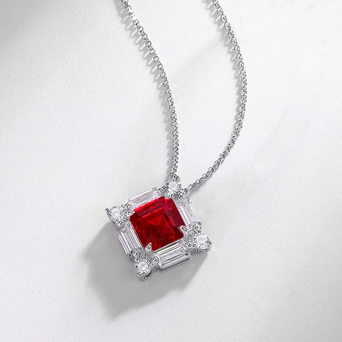 S925 Sterling Silver Lab-Grown Ruby Pendant Necklace For Women Elegant Geometric Square Cut Zirconia Inlaid Fashion Jewelry Gift