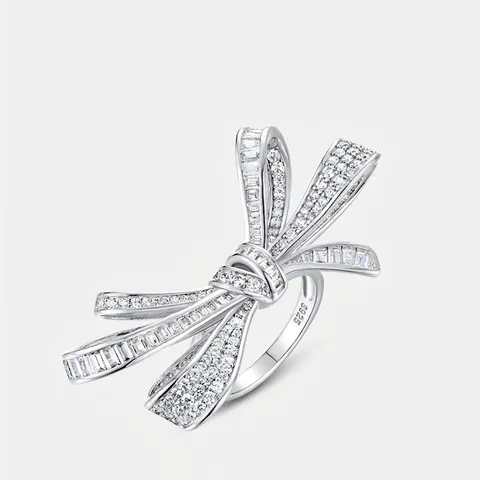 925 Sterling Silver Bowknot Ring For Women Sparkling Zirconia Inlaid Luxury Statement Finger Ring Fashion Jewelry Party Gift