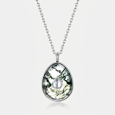 Elegante 925 Sterling Zilveren Natuurlijke Groene Mosagaat Hanger Ketting Vintage Waterdruppel Steen Sieraden Voor Dames