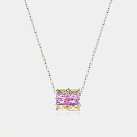 Collier Pendentif Cube Géométrique en Argent Sterling S925 Zirconia Coloré Bijoux de Mode pour Femmes Arc-en-ciel