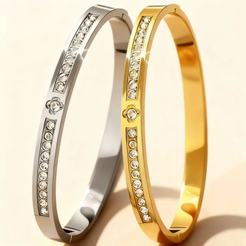 Lussuoso Braccialetto Rigido in Acciaio Inossidabile Con Strass Quadrifoglio Oro Rosa Numeri Romani Cuore Malocchio Donna