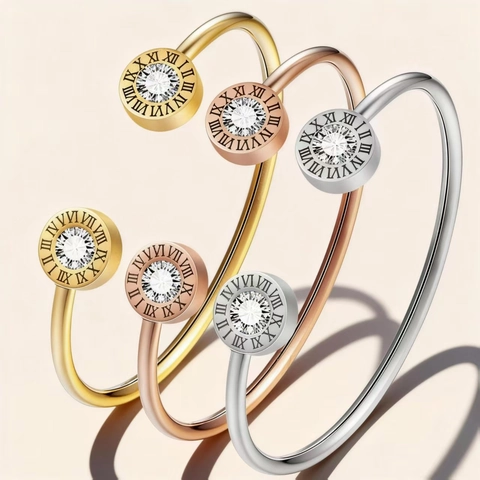 Bracciale a Manichetta Aperto in Acciaio Inossidabile di Lusso per Donna Numeri Romani Zirconia Incastonata Gioielli di Moda Regalo