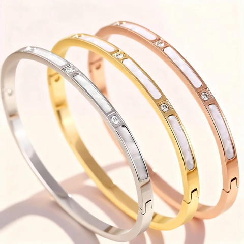 Luxury Stainless Steel Bangle Mother Of Pearl Inlaid Zirconia Bangle For Women Gold Rose Gold Rhinestone Roman Numeral Jewelry