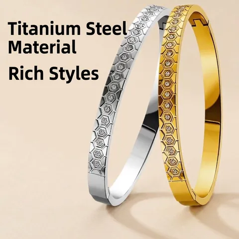 Bracciale in Acciaio al Titanio a Nido d'ape Con Strass Pave per Donna Elegante Anello in Acciaio Inossidabile Con Intarsio Marmorizzato Gioielli Geometrici