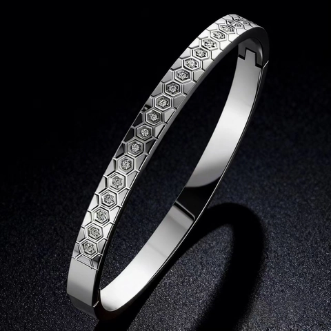Bracciale in Acciaio al Titanio a Nido d'ape Con Strass Pave per Donna Elegante Anello in Acciaio Inossidabile Con Intarsio Marmorizzato Gioielli Geometrici