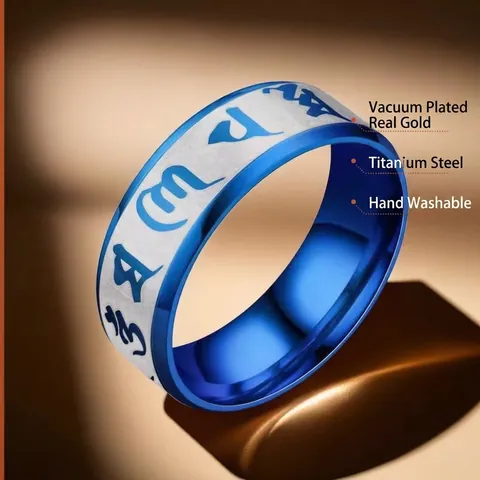 Anello con Mantra a Sei Caratteri in Acciaio Inossidabile per Uomo Donna Etnico Religioso Bicolore Blu Nero Gioielli
