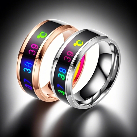 Anillo de Sensor de Temperatura de Acero Inoxidable para Hombres Mujeres Moda Galvanizado al Vacío Termómetro Joyería de Anillo