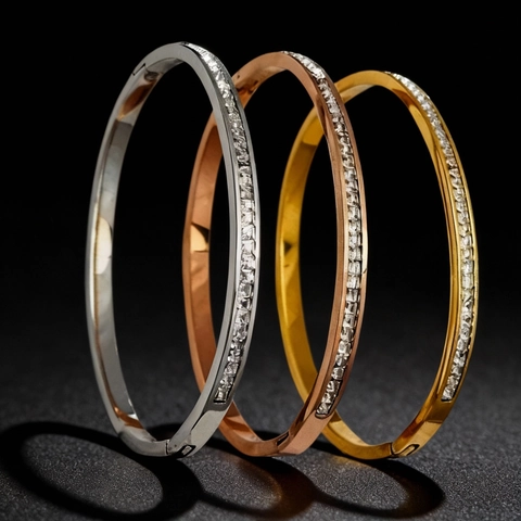 Stainless Steel Rhinestone Inlaid Bangle Bracelet For Women Starry Geometric Pattern Ring Minimalist Fashion Jewelry