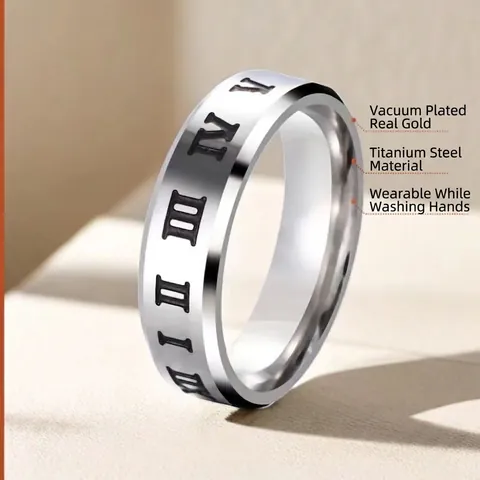 Minimalist Stainless Steel Roman Numeral Ring Polished Beveled Edge Band Electroplated Unisex Finger Ring Jewelry