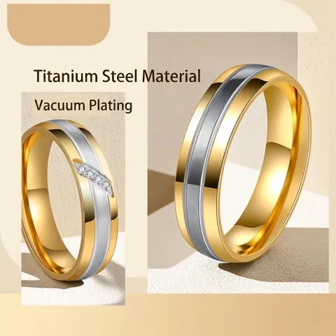 Titanium Steel Rings For Couples Bicolor Zircon Inlaid Polished Band Rings Engagement Wedding Jewelry For Lovers