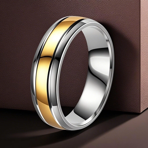 Minimalistischer Edelstahl Zweifarbiger Ring Für Damen Herren Gold Silber Poliert Geometrisch Band Mode Schmuck Fingerring