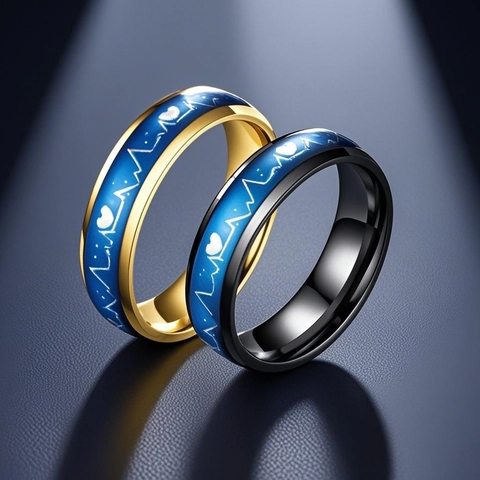 Stainless Steel Ring Temperature Sensitive Color Change Band EKG Heartbeat Heart Pattern Unisex Fashion Finger Ring Jewelry