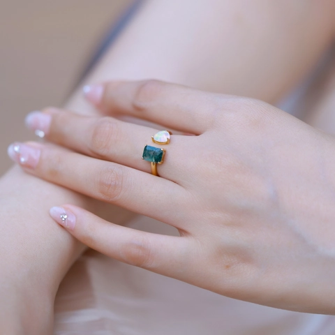 Vintage 925 Sterlingsilber Ring Verstellbar Grüner Moosachat Und Opal Vergoldet Geometrischer Statement Ring Damen Schmuck