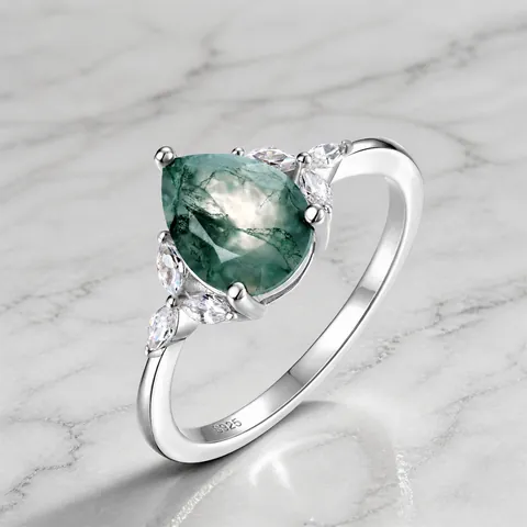Vintage 925 Sterling Silver Pear Cut Moss Agate Ring For Women Green Gemstone Teardrop Inlaid Rhinestone Fine Jewelry Gift