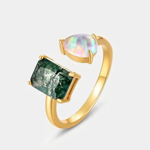 Vintage 925 Sterlingsilber Ring Verstellbar Grüner Moosachat Und Opal Vergoldet Geometrischer Statement Ring Damen Schmuck