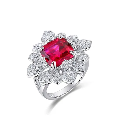 Luxus 925 Sterlingsilber Erschaffener Rubin Ring Für Damen Vintage Blume Form Strass Eingelegt Verlobung Hochzeit Schmuck