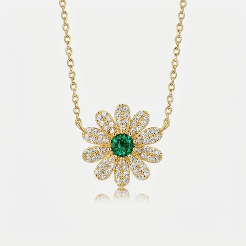 925 Sterling Silver Daisy Necklace For Women 18K Gold Plated Lab Grown Emerald Rhinestone Chrysanthemum Flower Pendant Necklace Jewelry Gift